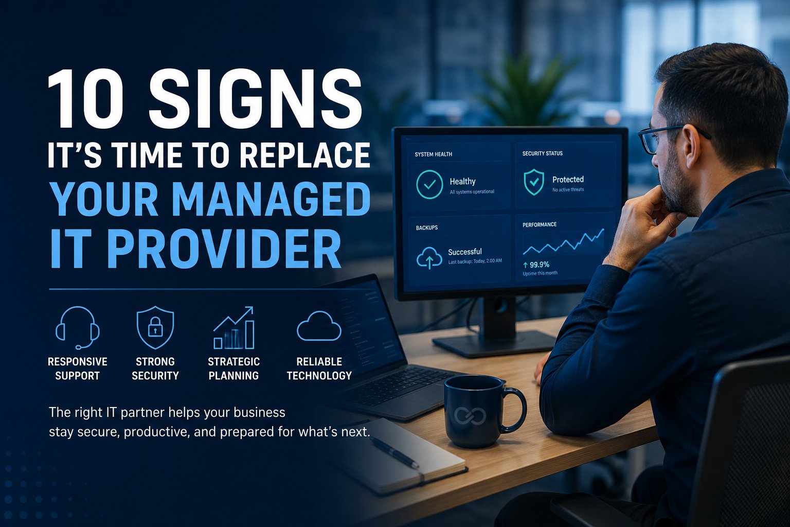 Man at computer with IT dashboard and text about replacing managed IT provider
